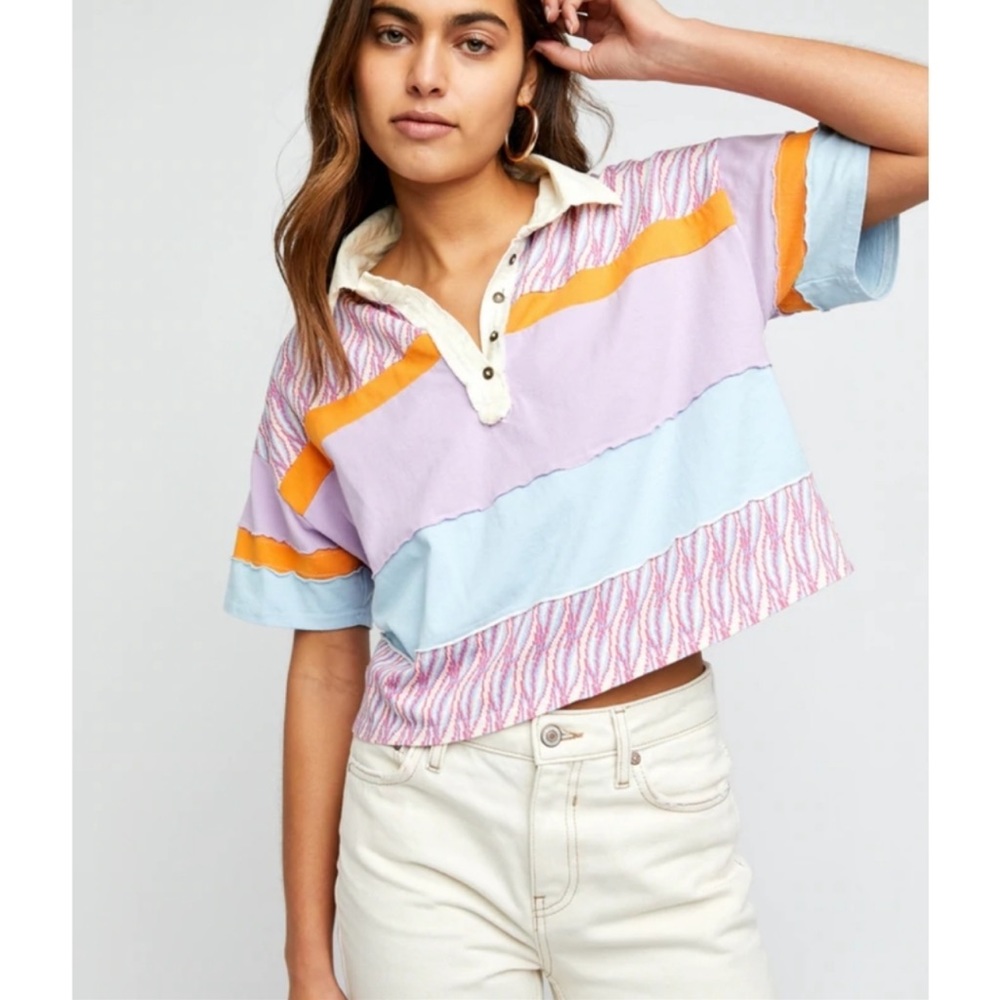 FREE PEOPLE MixPrint BELLA Collar Henley Tee